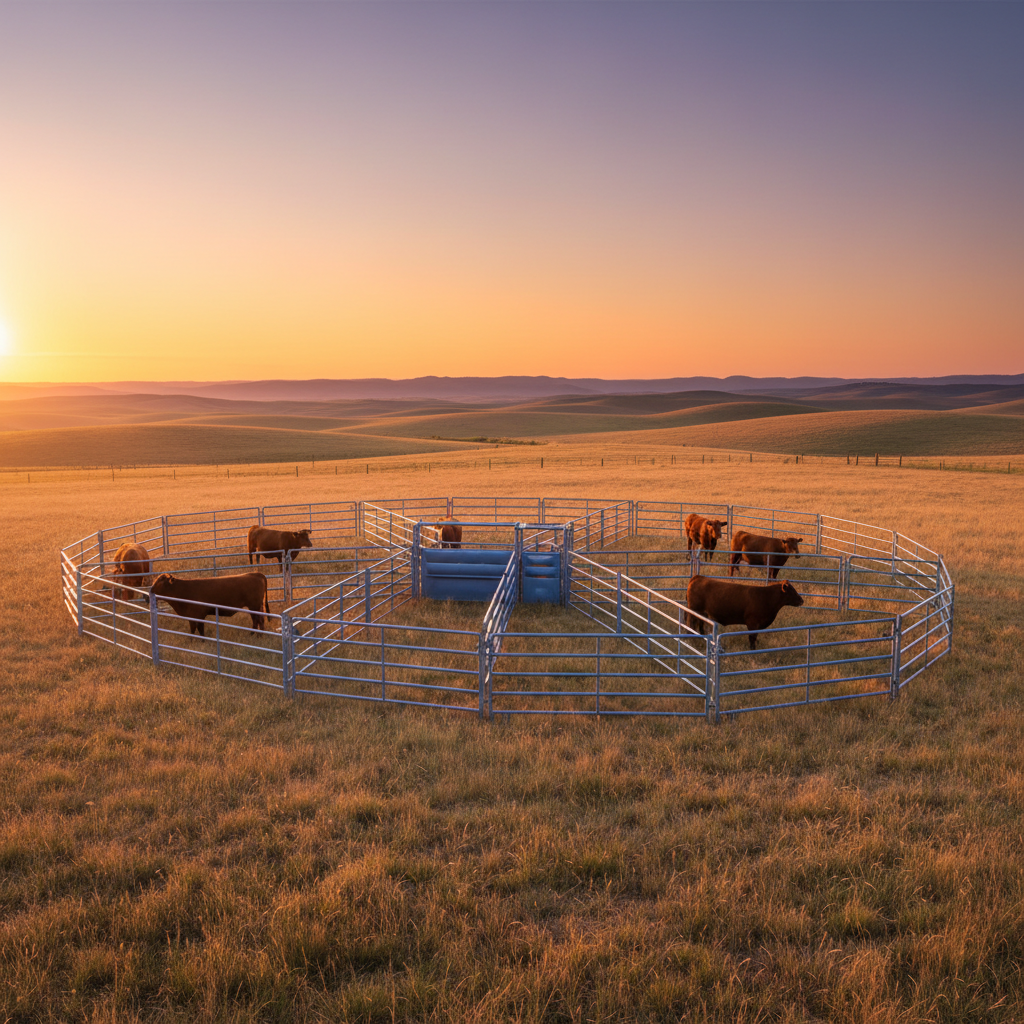 Portable steel corral panel system set up in an open ranch pasture